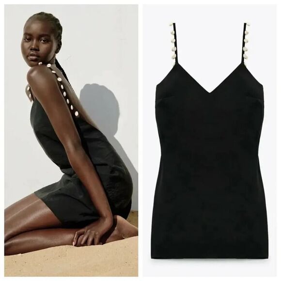 ZARA BLACK CAMISOLE TANK MINI DRESS WITH BEADED SEASHELLS REF.3564/156 - Picture 1 of 5